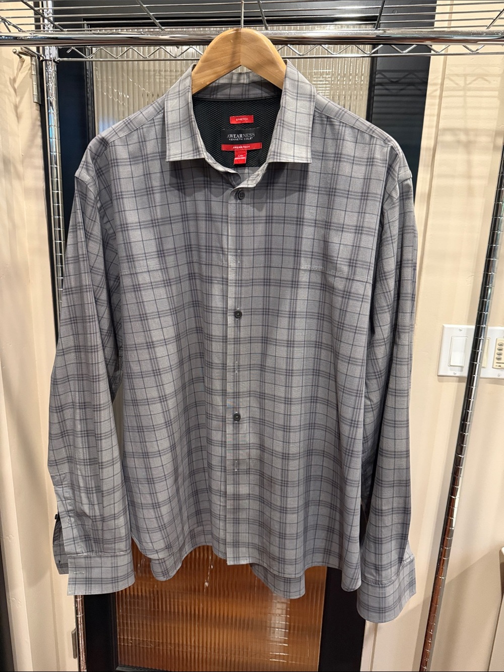 Awearness Kenneth Cole Men’s XXL Long Sleeve Shirt Gray Plaid Stretch Tech